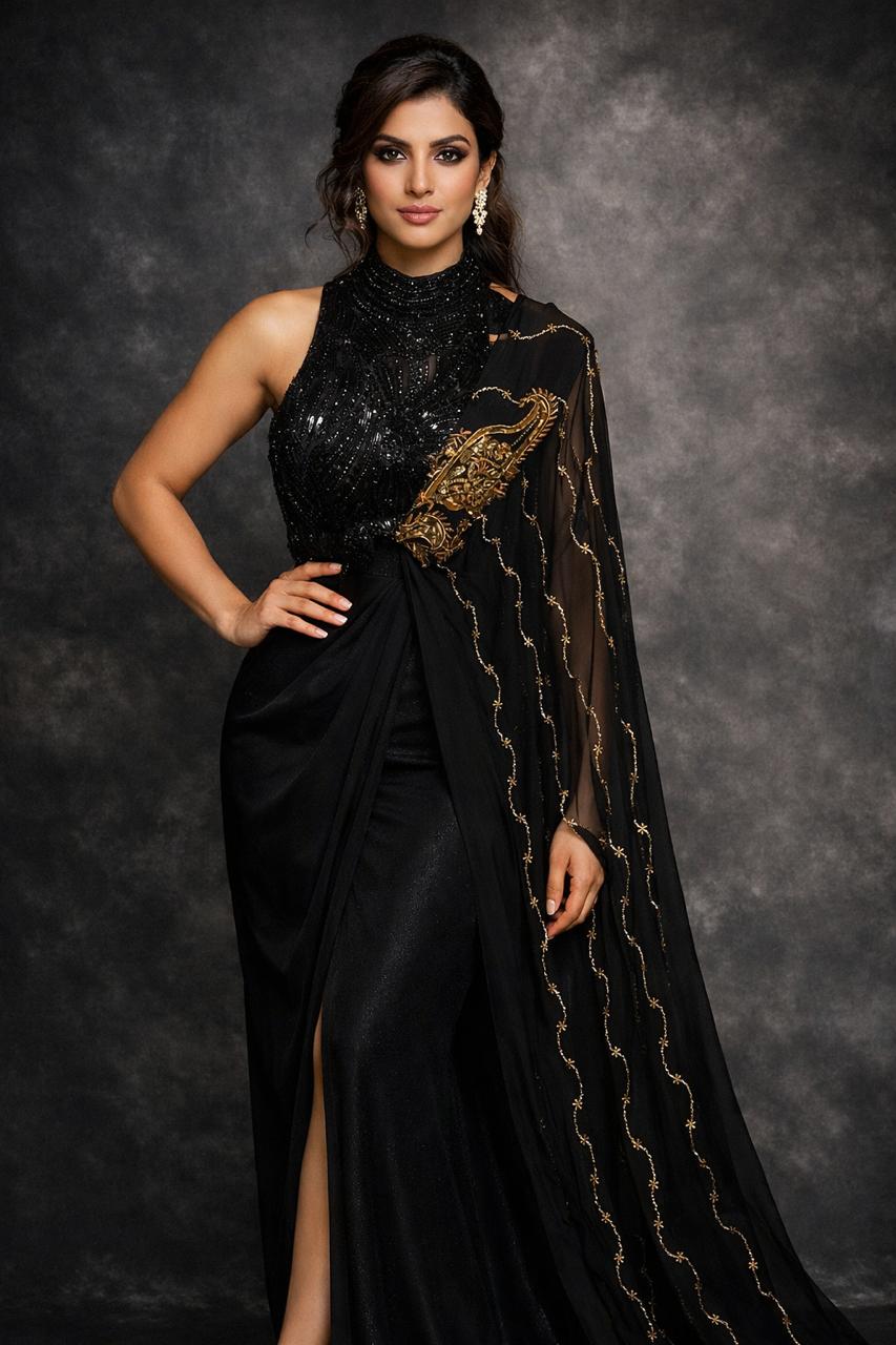 Black Embellished Pre-Draped Saree Gown with Cape Pallu