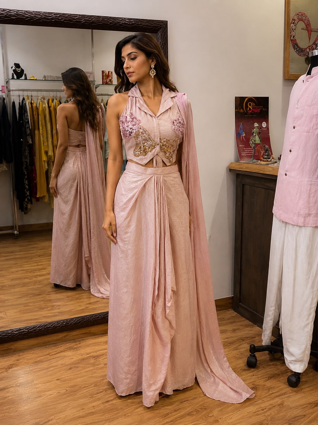 Blush Pink Drape Skirt Set with Embellished Cape Top