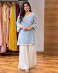 Women's Sky Blue Embroidered Short Kurta with White Palazzo
