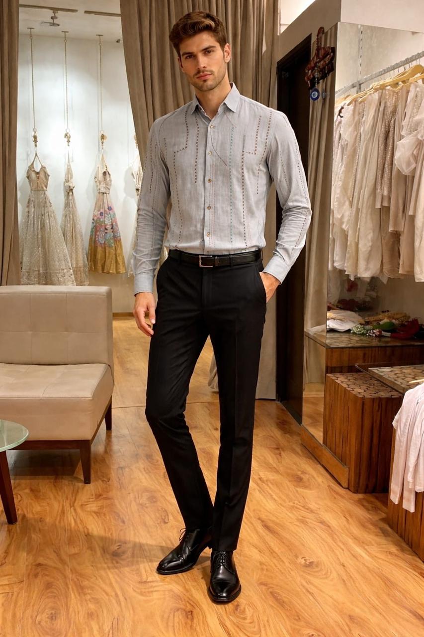 Men's Light Grey Embroidered Formal Shirt