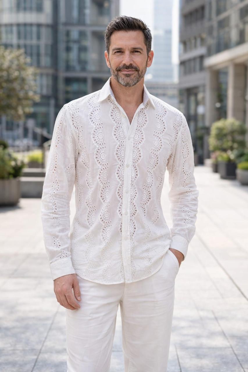 Men's White Embroidered Eyelet Linen-Cotton Shirt