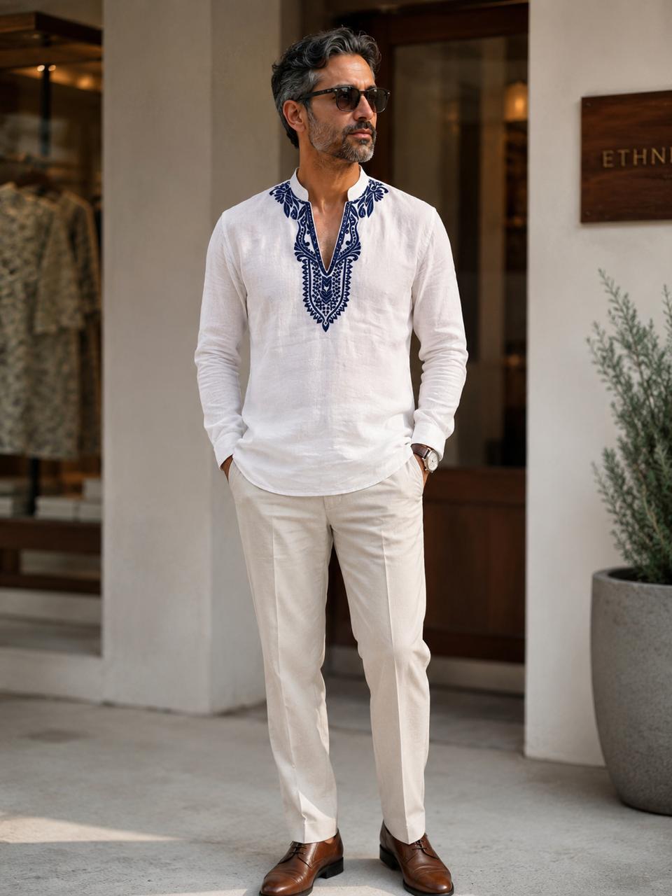 Men's White Linen Embroidered Kurta Shirt
