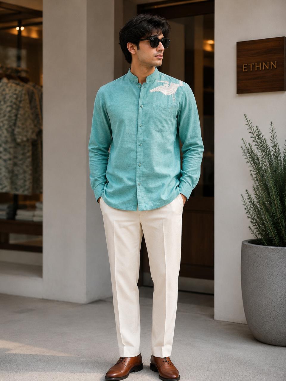 Men's Aqua Blue Linen Blend Mandarin Collar Shirt with White Crane Embroidery (band gala)