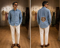 Men's Light Blue Denim Shirt with Tiger Back Print