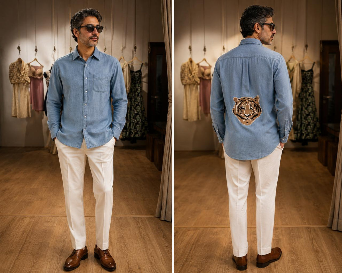 Men's Light Blue Denim Shirt with Tiger Back Print