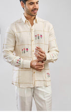 Men's Ivory Floral Embroidered Linen Shirt