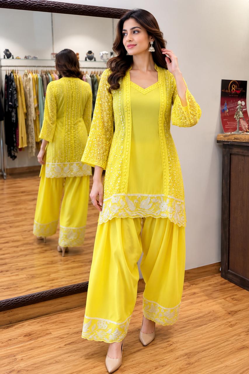 Women's Sunshine Yellow Embroidered Kurta with Palazzo