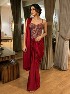 Wine Draped Saree with Embellished Corset Blouse