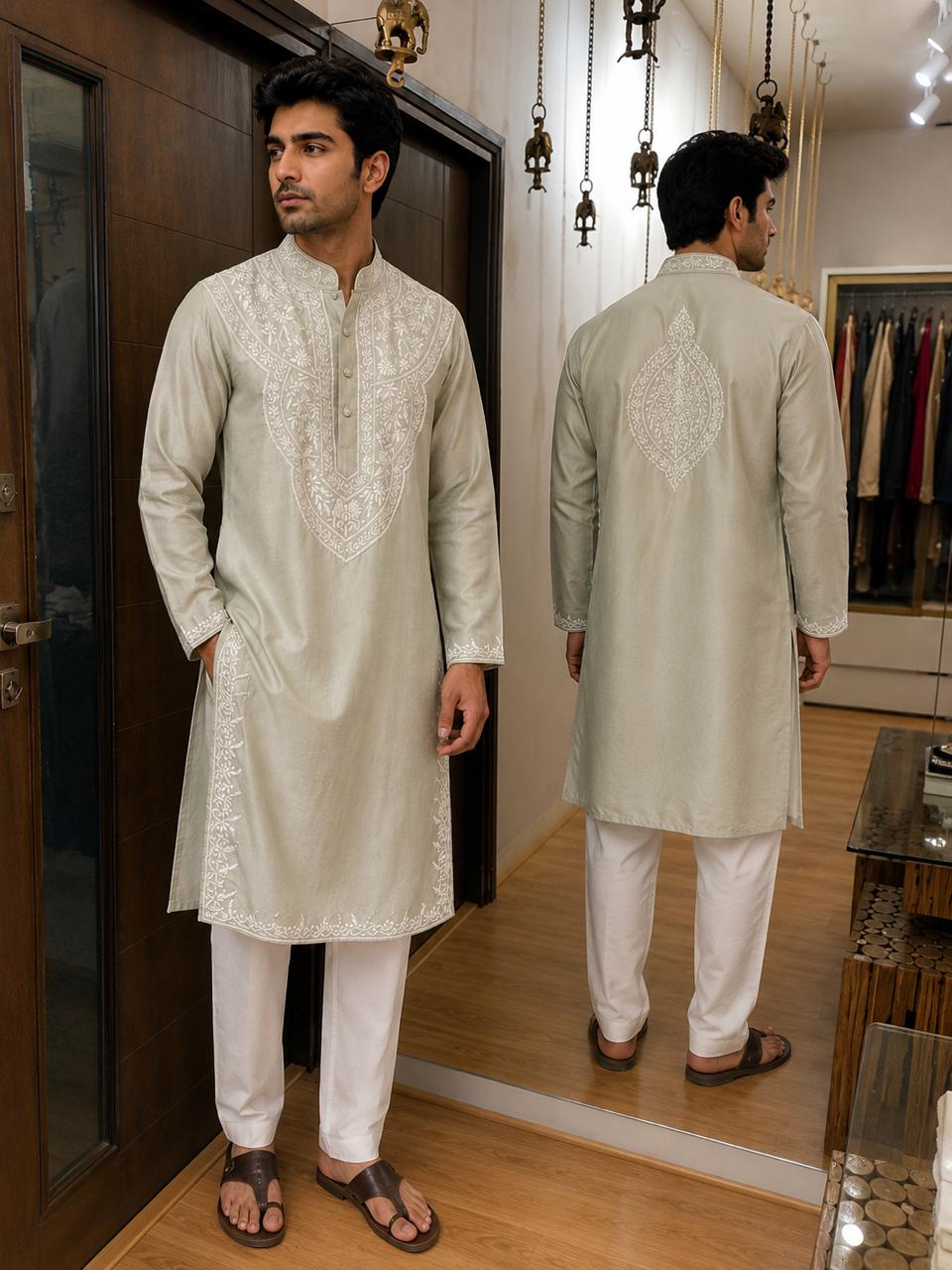 Men's Off-White Embroidered Cotton Kurta