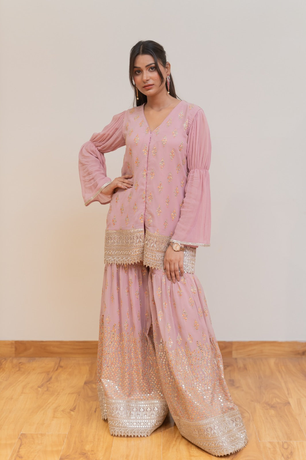 Women's Blush Pink Embroidered Kurta with Palazzo