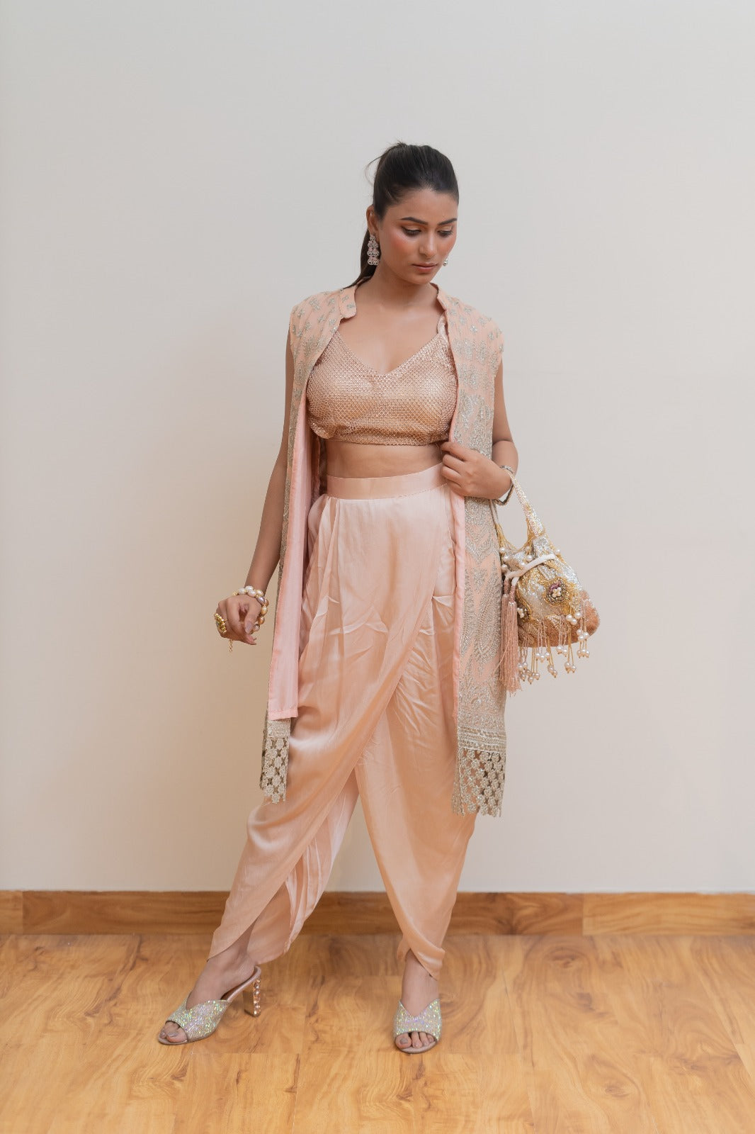 Blush Pink Embellished Dhoti Pant Co-Ord Set with Embroidered Cape