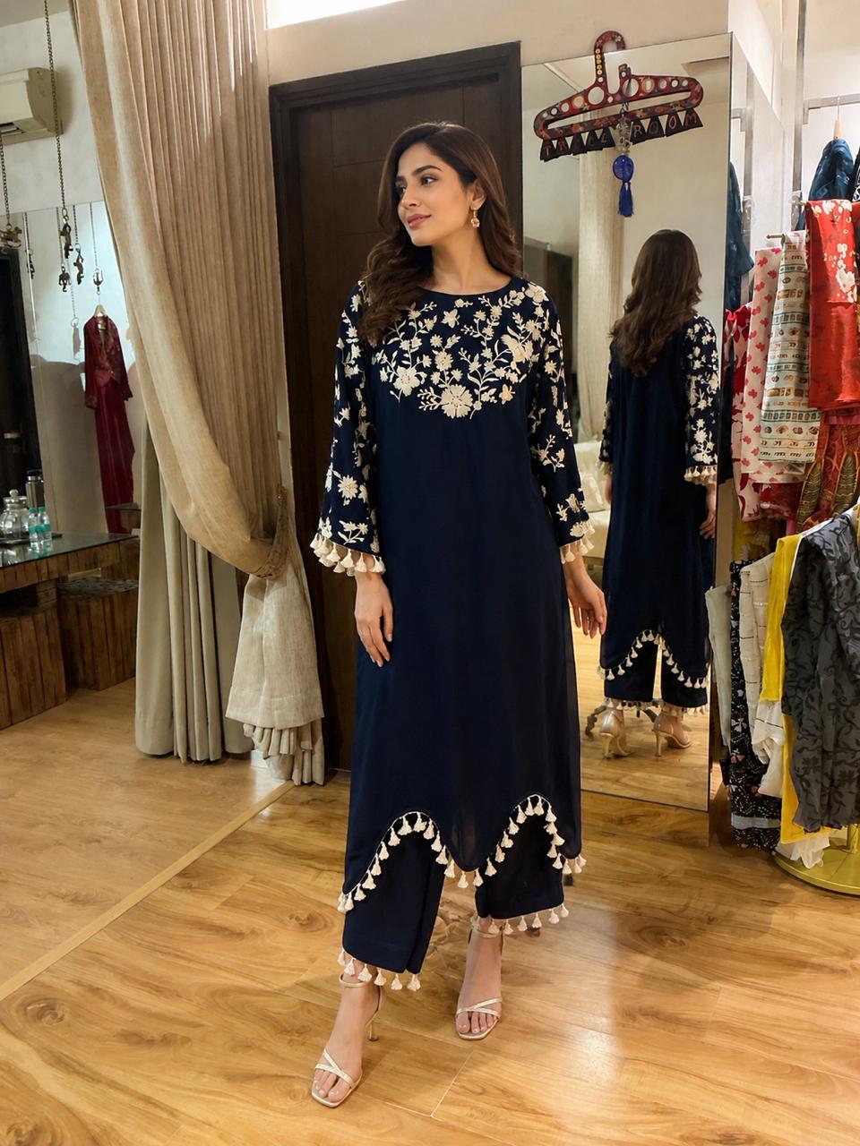 Women's Navy Blue Embroidered Kurta with Straight Pants