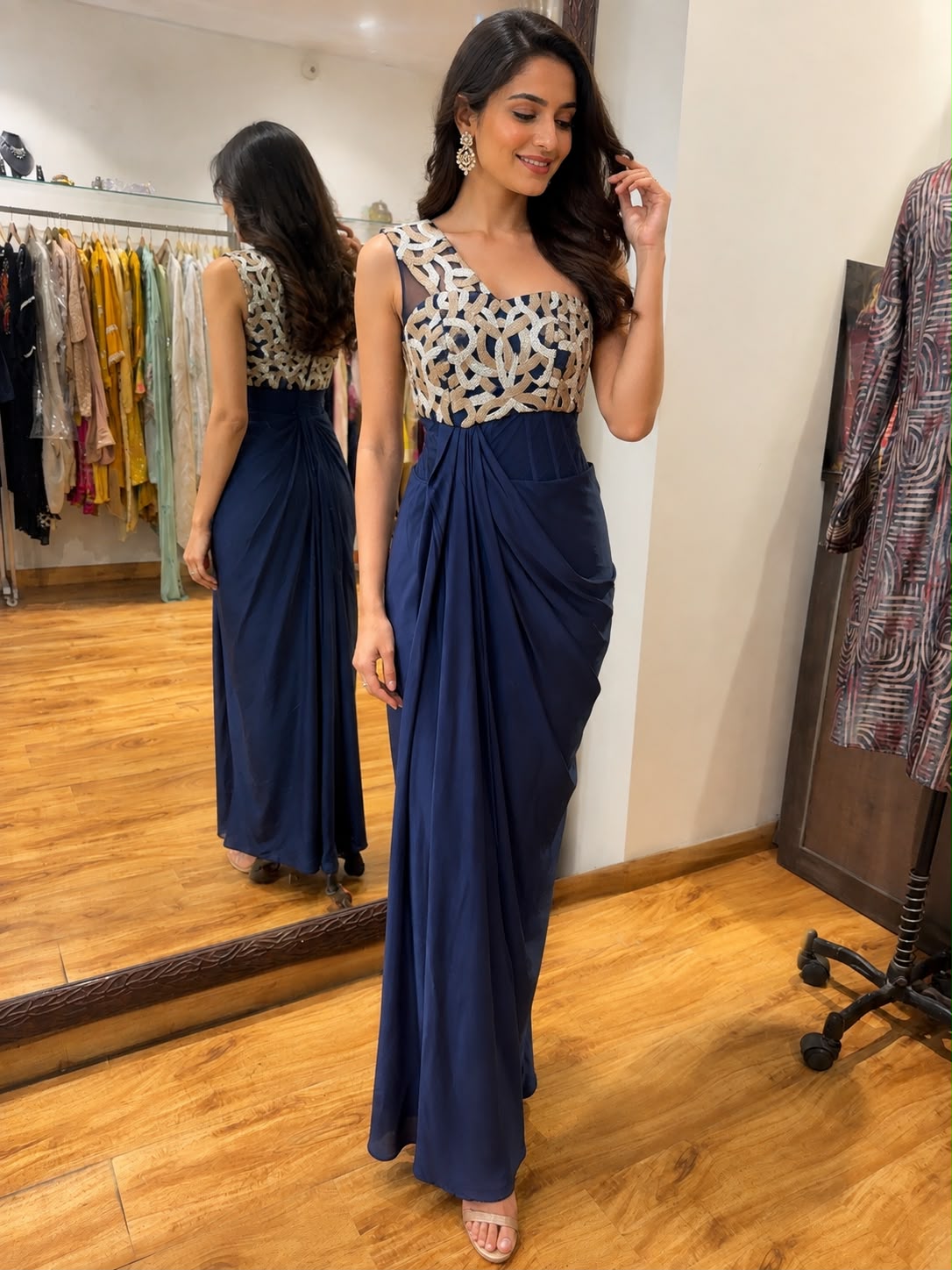 Navy Blue Draped Saree Gown with Embroidered Bodice