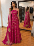 Women's Fuchsia Pink Printed Anarkali Gown with Embellished Dupatta