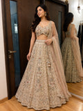 Women's Beige Multicolor Embroidered Designer Lehenga Set with Net Dupatta