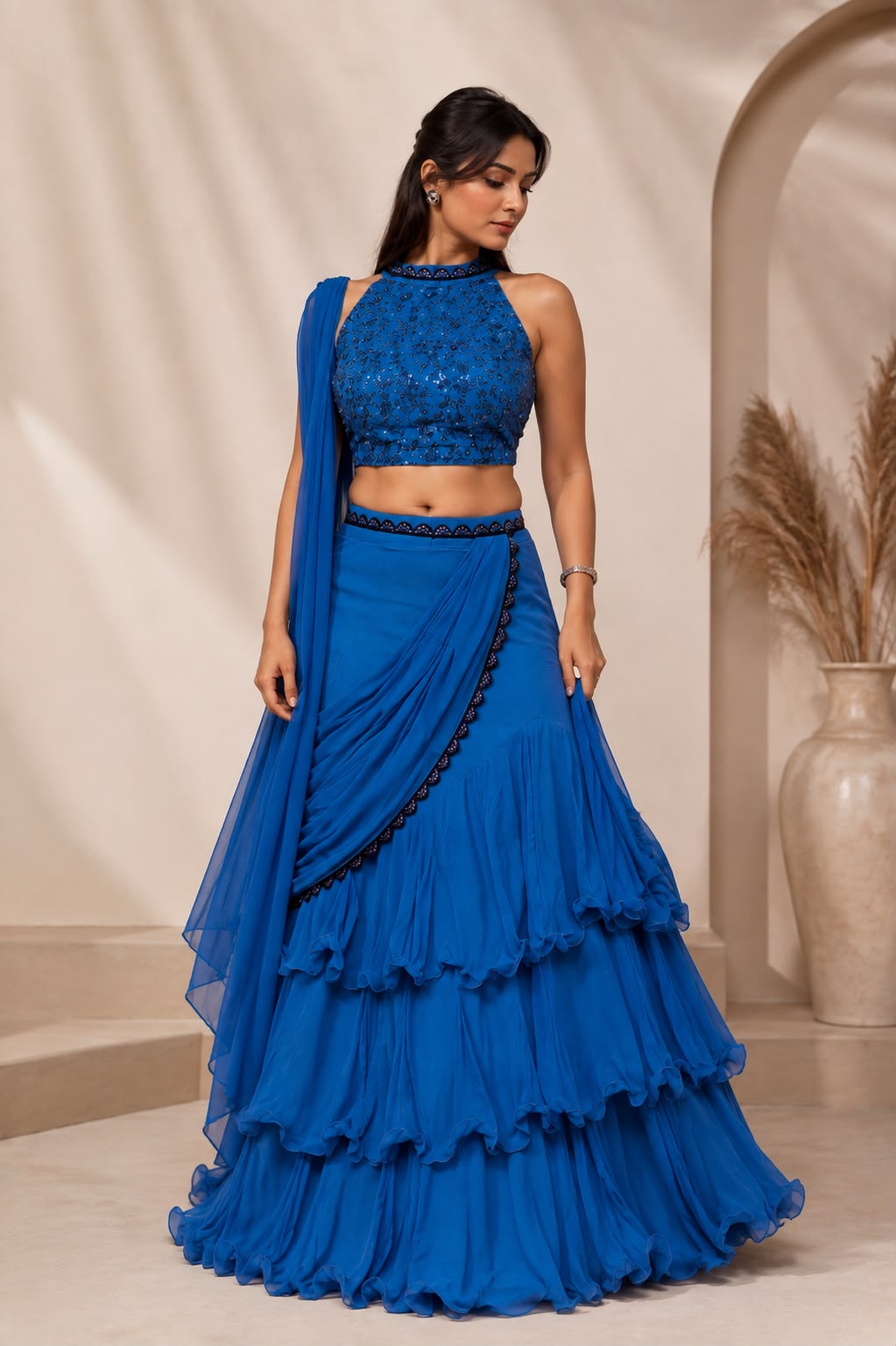 Women's Royal Blue Embellished Ruffle Saree with Sequined Blouse