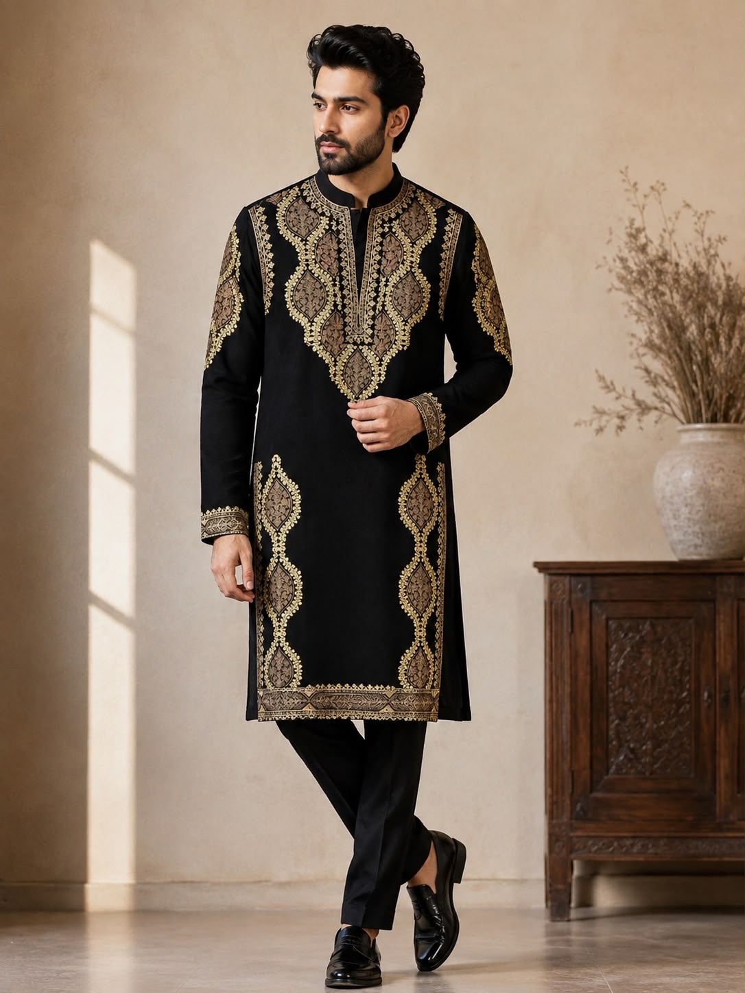 Men's Black Embroidered Ethnic Kurta