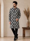 Men's Black Floral Geometric Printed Ethnic Kurta