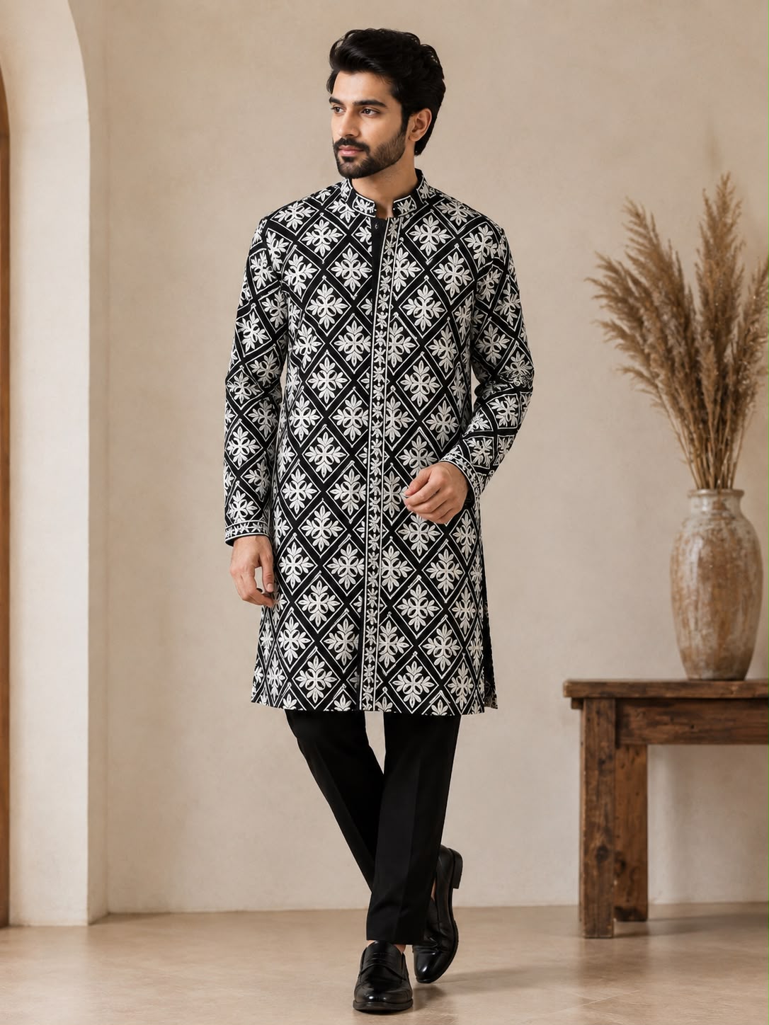 Men's Black Floral Geometric Printed Ethnic Kurta