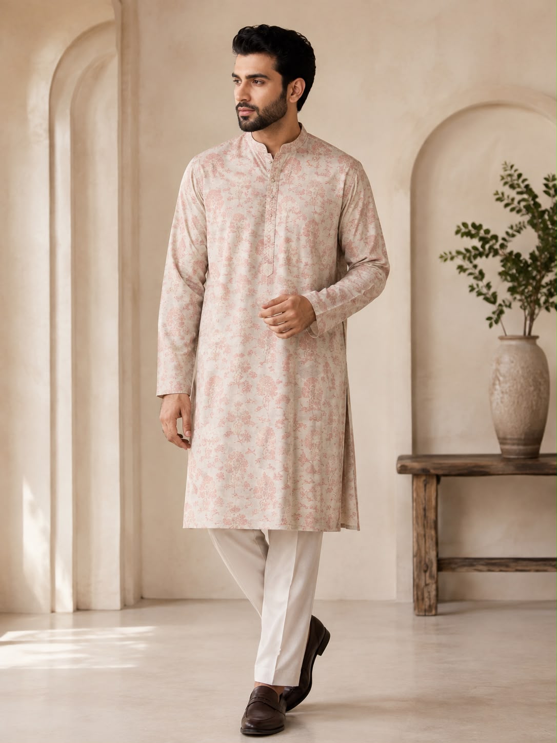 Men's Pastel Pink Floral Printed Ethnic Kurta