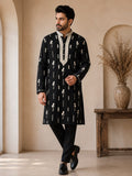 Men's Black Embroidered Printed Cotton Blend Kurta