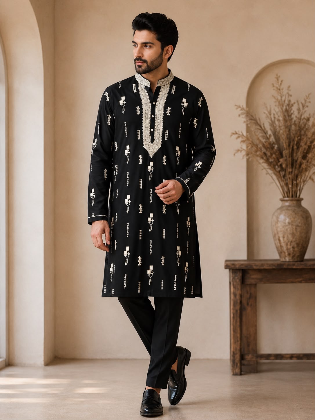 Men's Black Embroidered Printed Cotton Blend Kurta