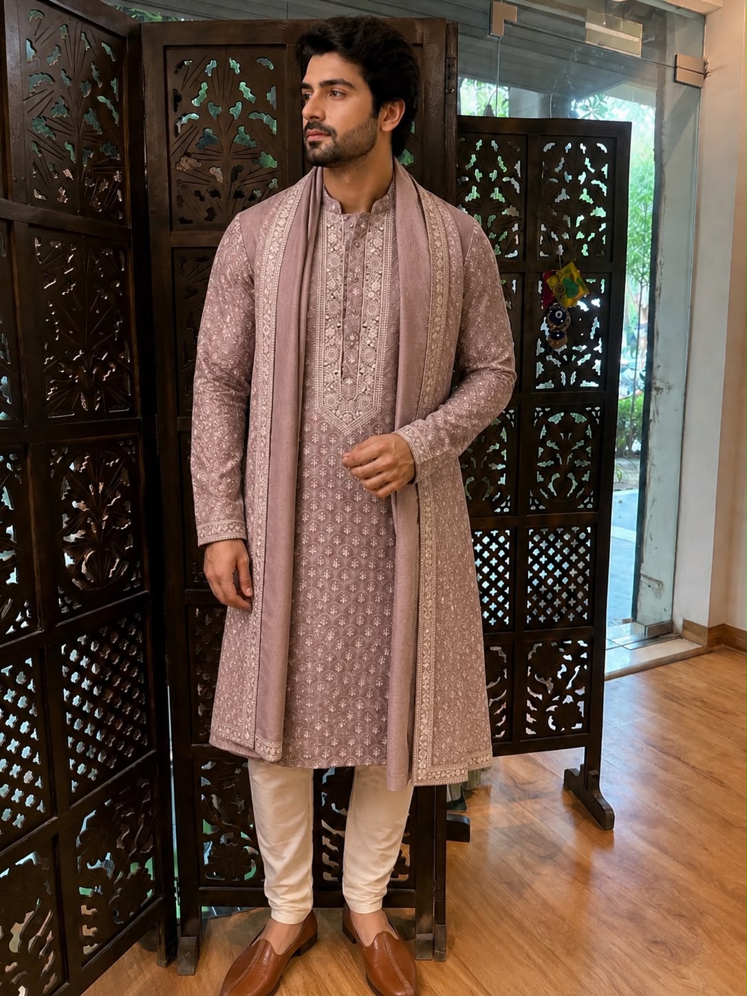 Men's Mauve Embroidered Kurta with Matching Stole