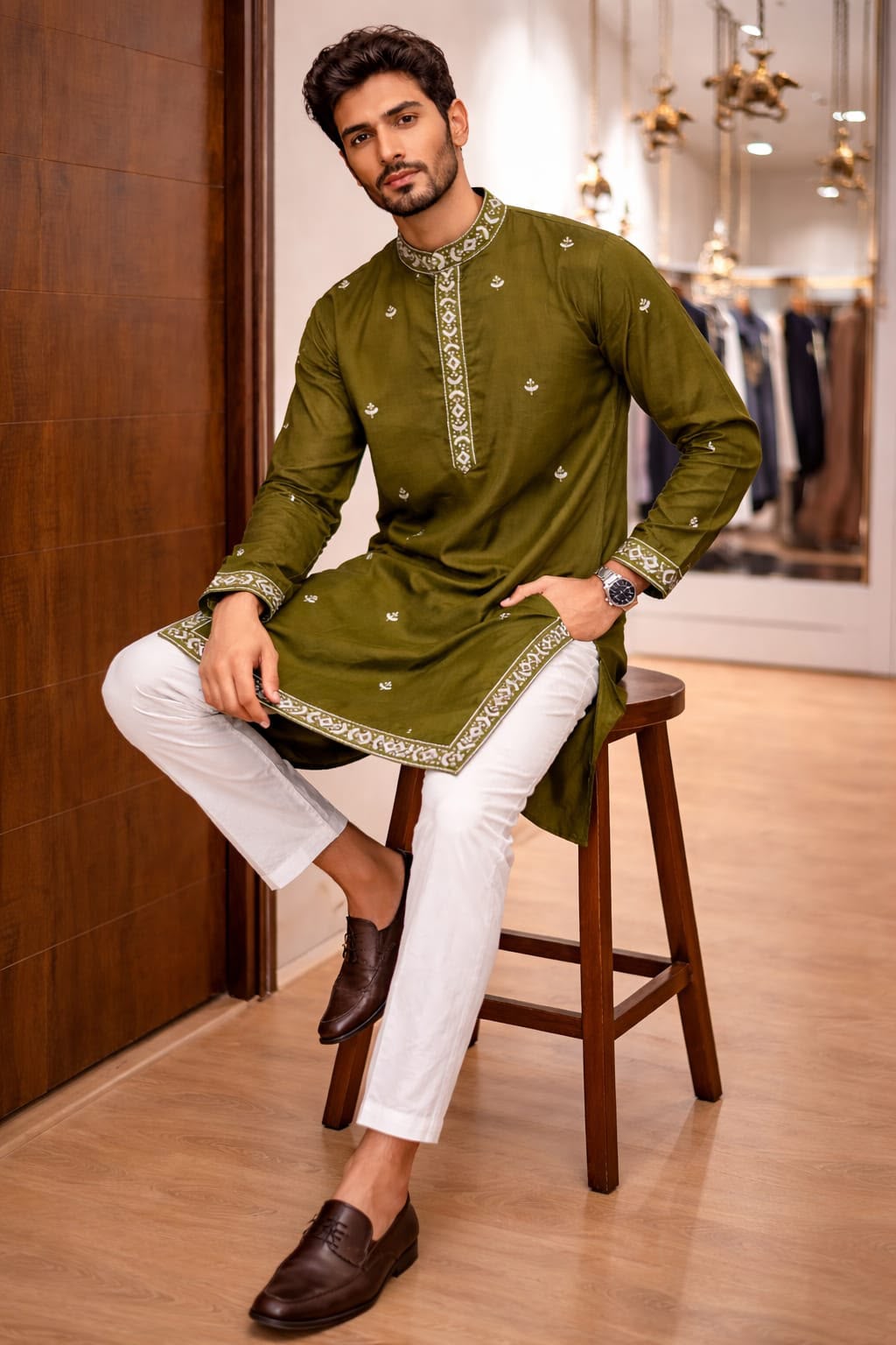 Men's Olive Green Embroidered Ethnic Kurta