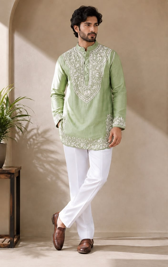 Men's Sage Green Embroidered Ethnic Kurta