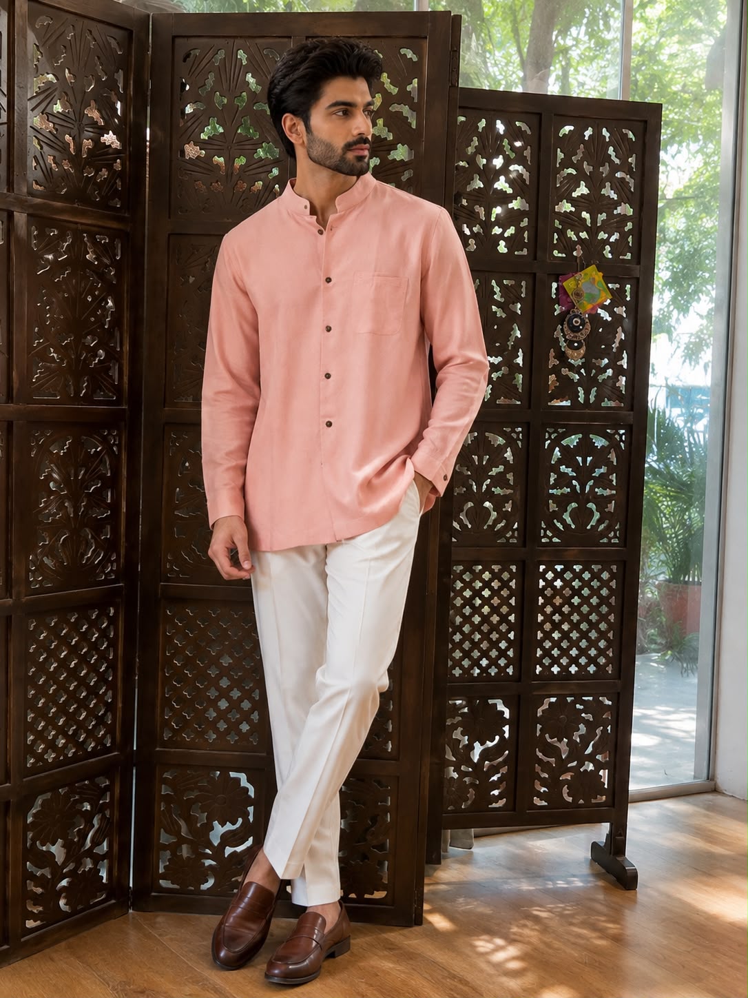 Peach Mandarin Collar Linen Shirt