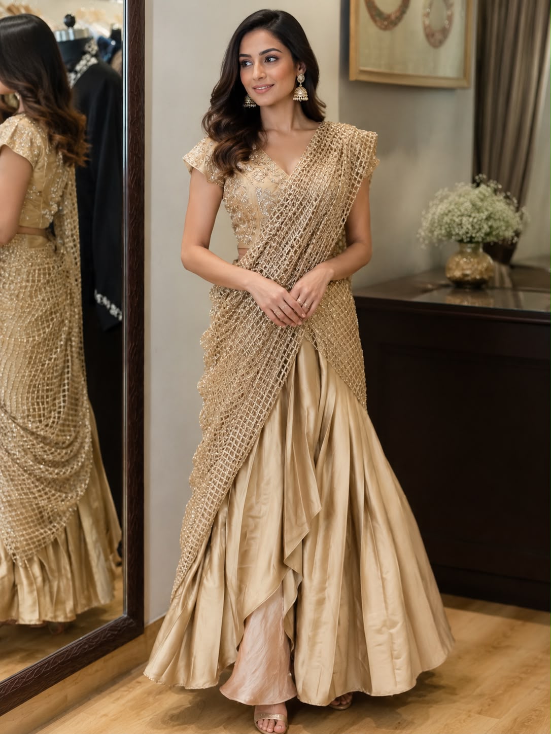 Champagne Gold Drape Saree Gown with Embroidered Blouse