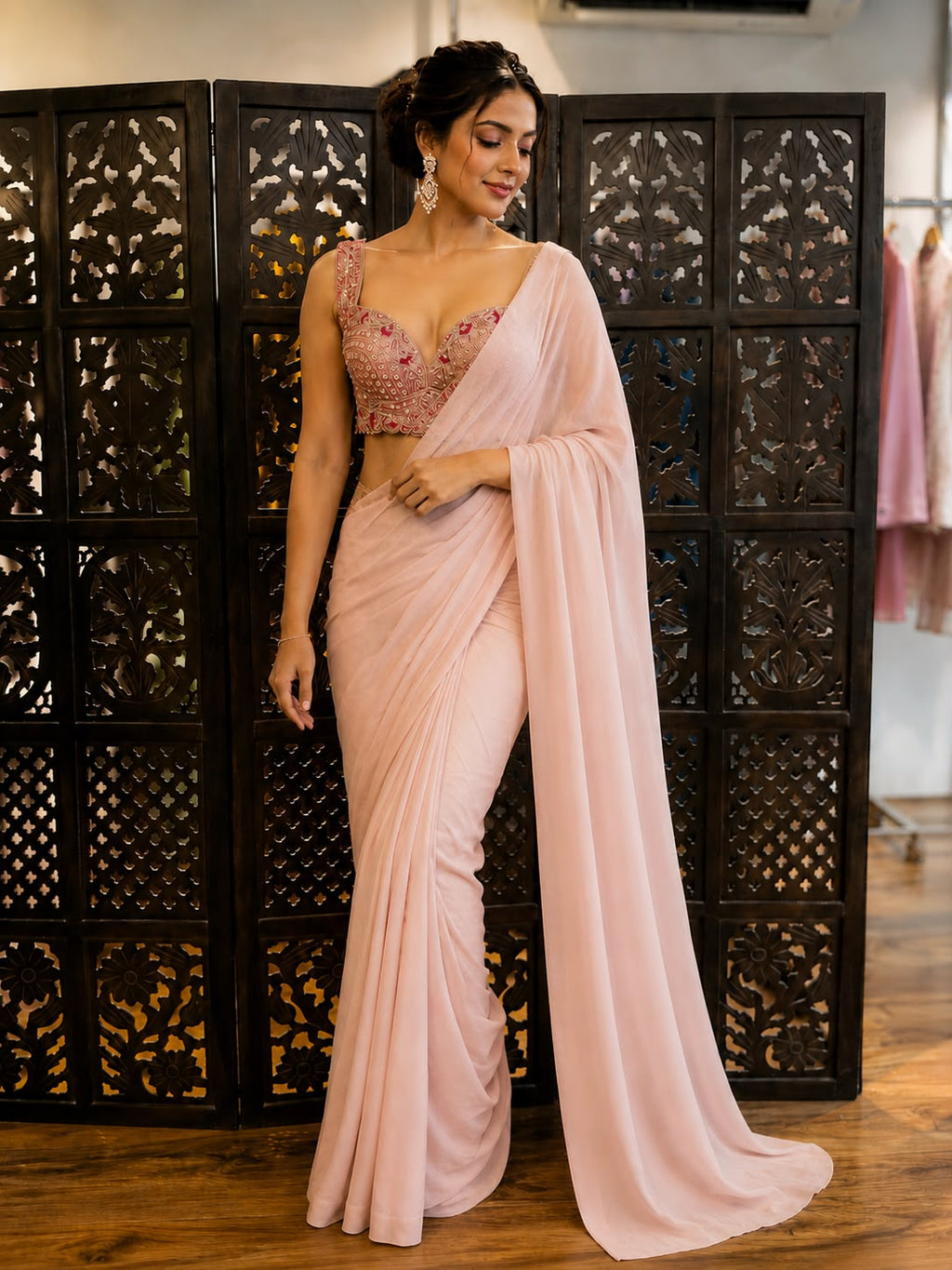 Blush Pink Pre-Draped Saree with Embroidered Blouse
