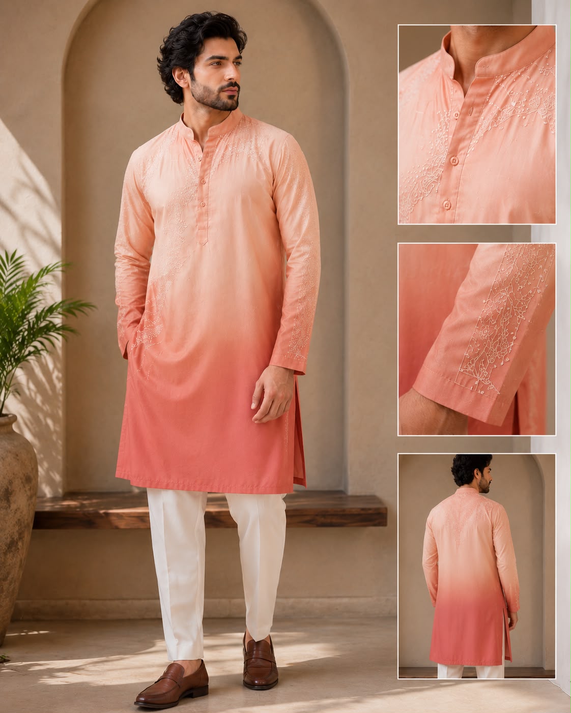 Peach Ombre Embroidered Men's Kurta