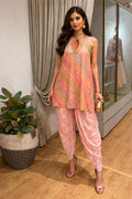 Pastel Pink Leheriya Halter Kurta with Lace Dhoti Pants Set