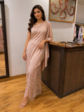 Blush Pink One-Shoulder Drape Gown with Embroidered Pants