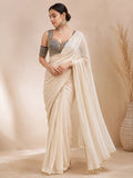 Ivory Pre-Draped Saree with Navy Embroidered Blouse