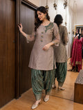 Taupe Embroidered Kurta with Green Printed Dhoti Pants Set