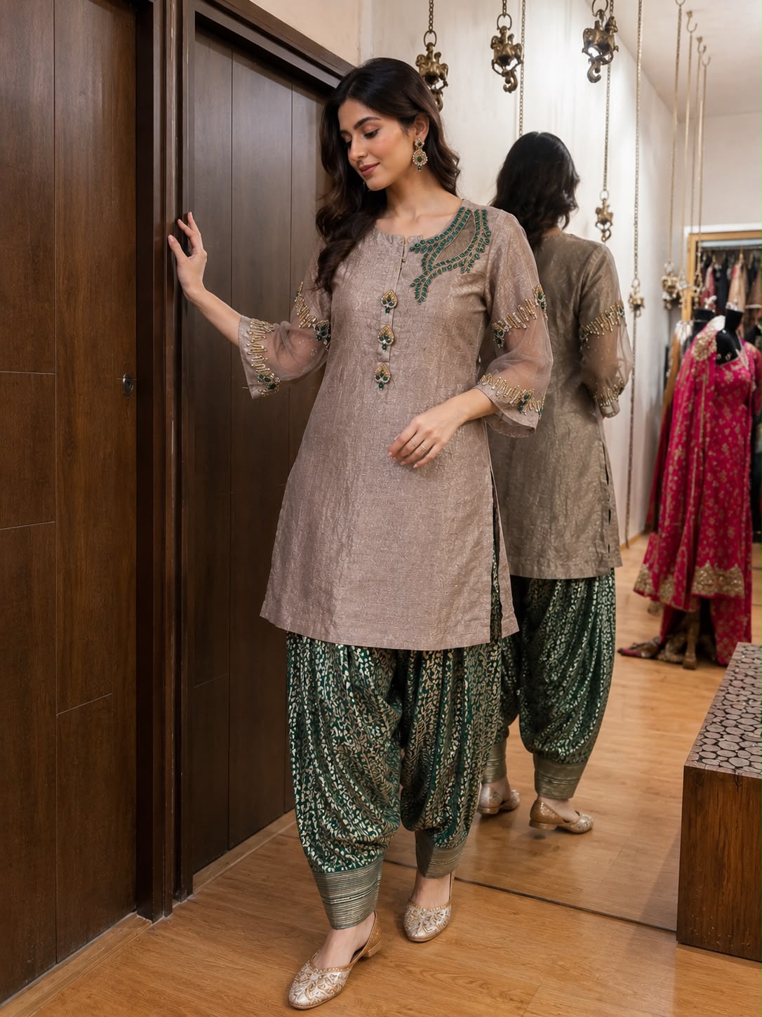 Taupe Embroidered Kurta with Green Printed Dhoti Pants Set