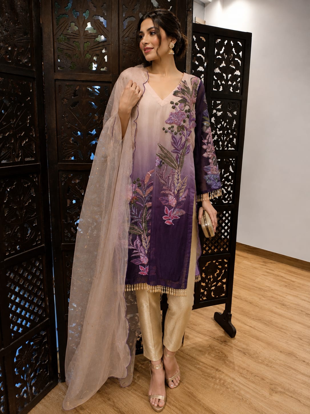 Purple Floral Printed Kurta Set with Organza Dupatta
