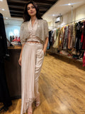 champagne satin drape skirt set with sequin cape