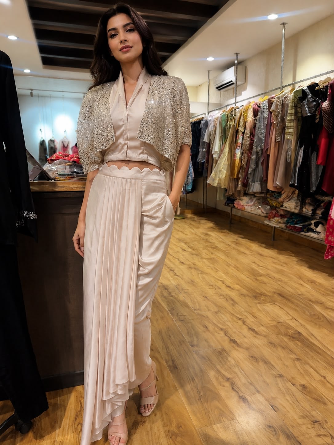 champagne satin drape skirt set with sequin cape