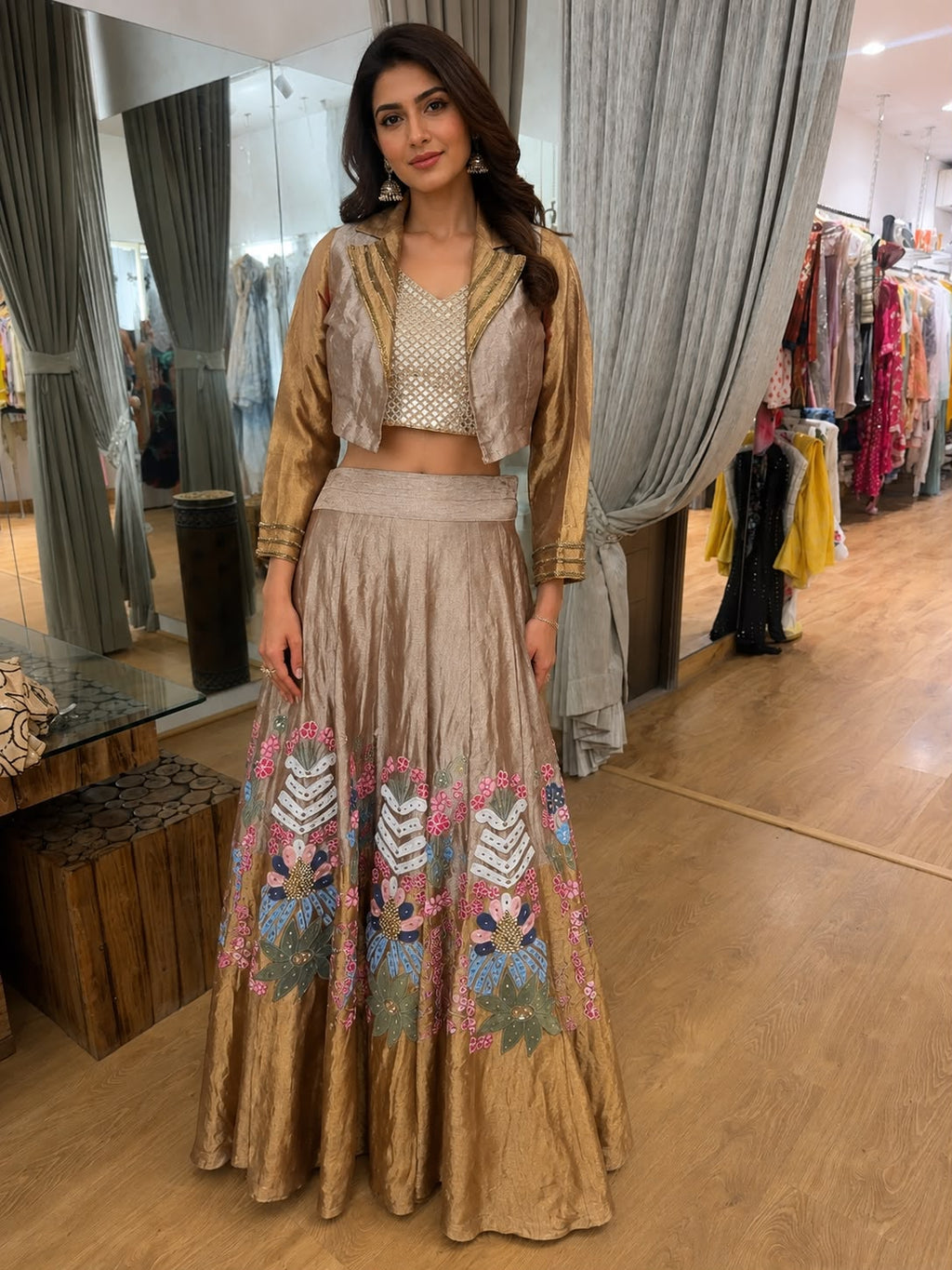 champagne gold printed lehenga set with jacket