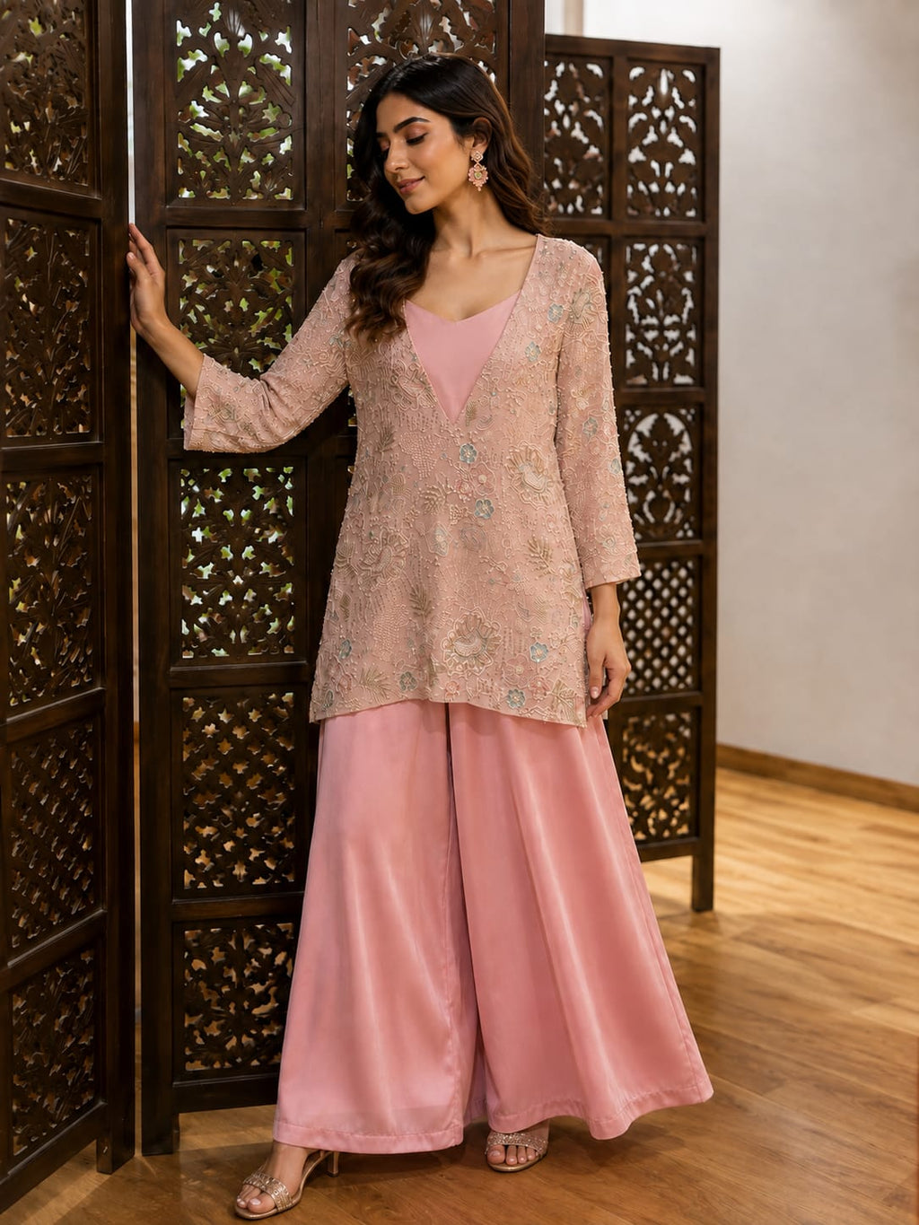 Blush Pink Embroidered Tunic with Satin Palazzo Set