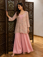 Blush Pink Embroidered Tunic with Satin Palazzo Set