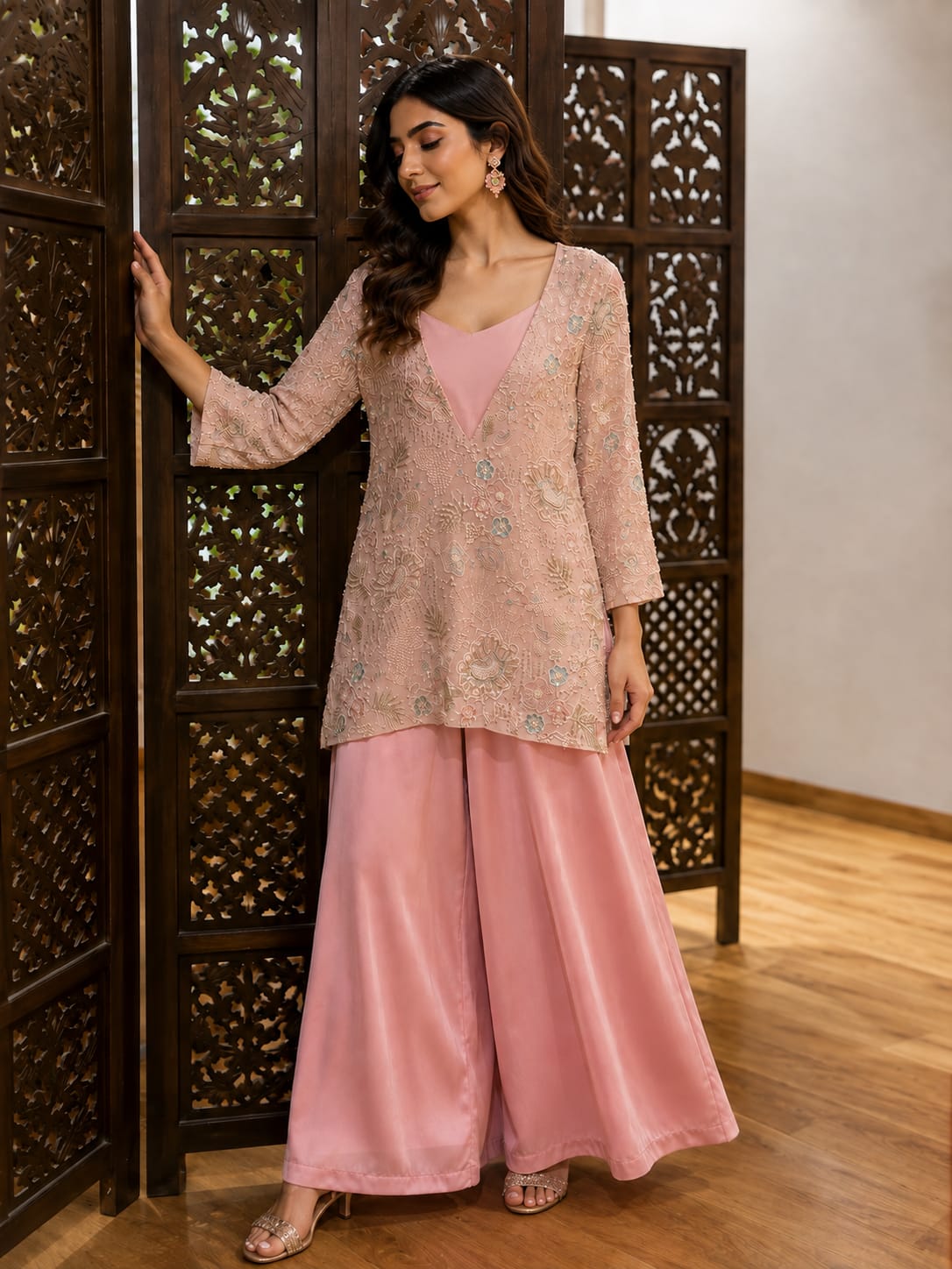 Blush Pink Embroidered Tunic with Satin Palazzo Set