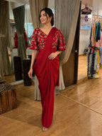 Wine Embroidered Drape Saree with Floral Blouse