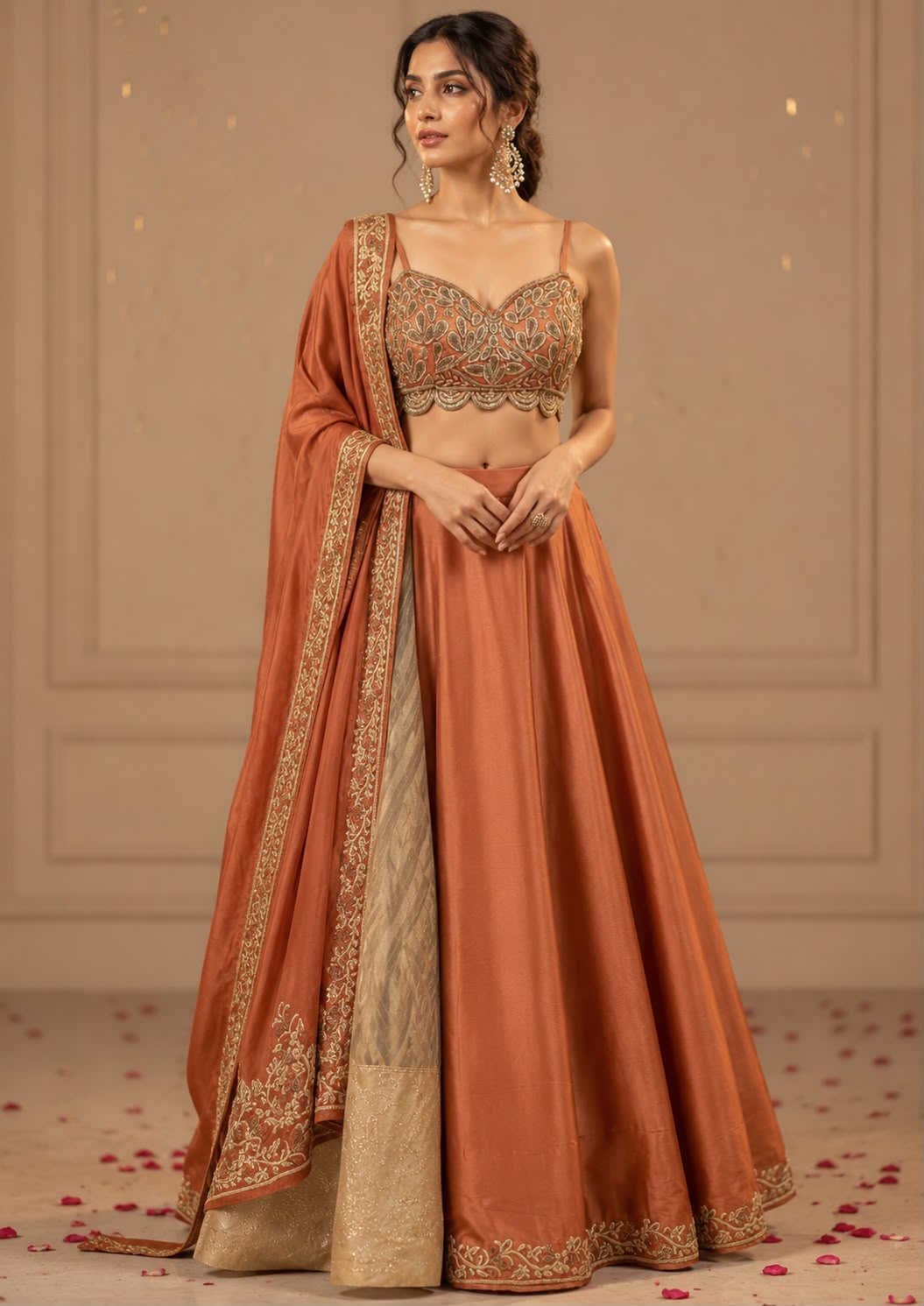 Rust Orange Embroidered Lehenga Set with Designer Blouse & Dupatta