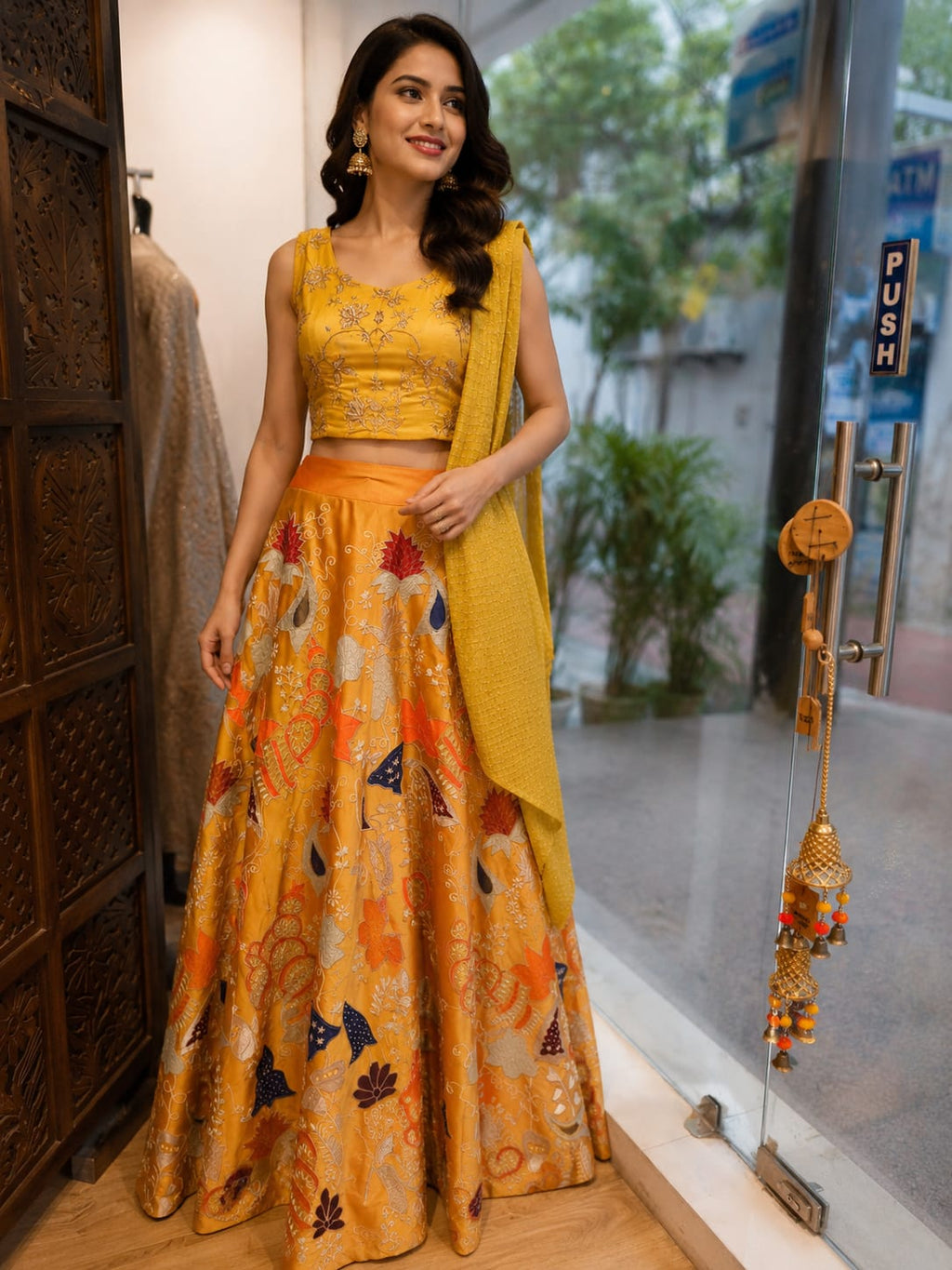 Mustard Yellow Embroidered Crop Top with Printed Lehenga & Dupatta