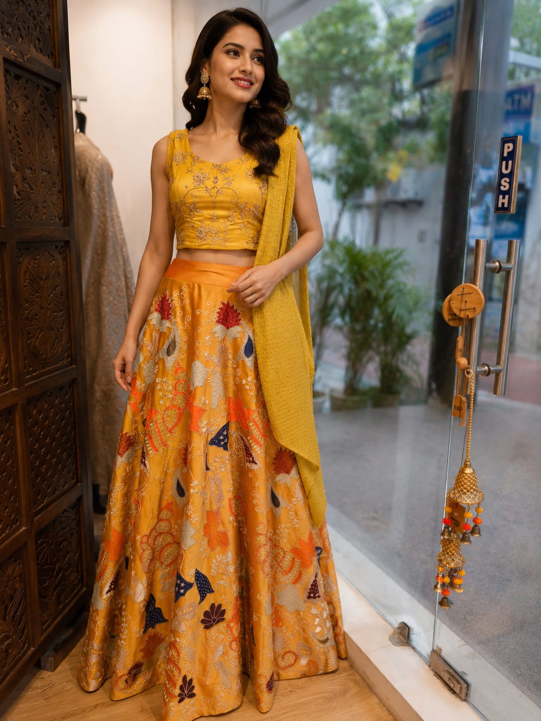 Mustard Yellow Embroidered Crop Top with Printed Lehenga & Dupatta