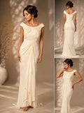 Ivory Embroidered Draped Gown